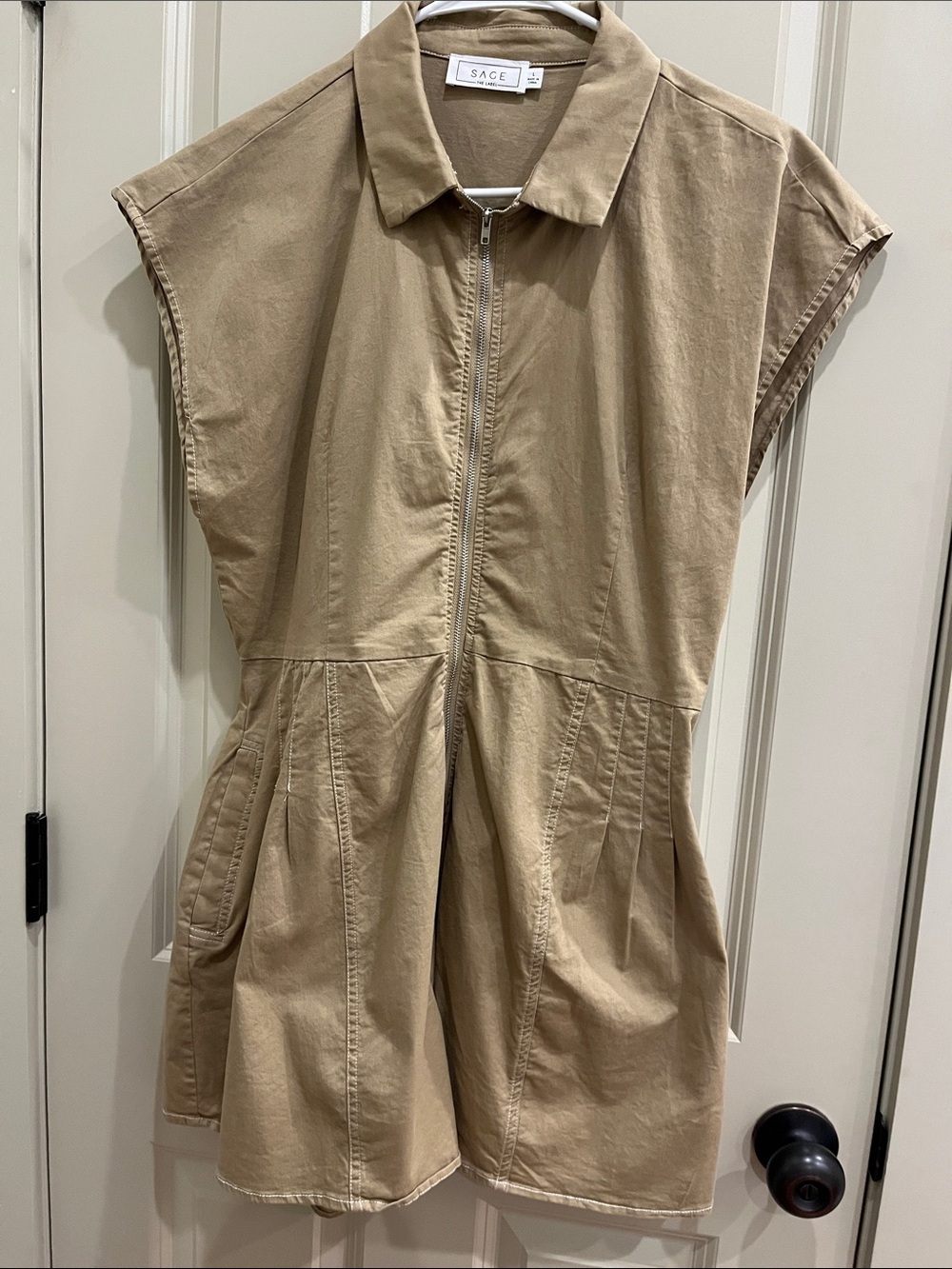 Sage Tan Zip-Front Short-Sleeve Utility Romper
